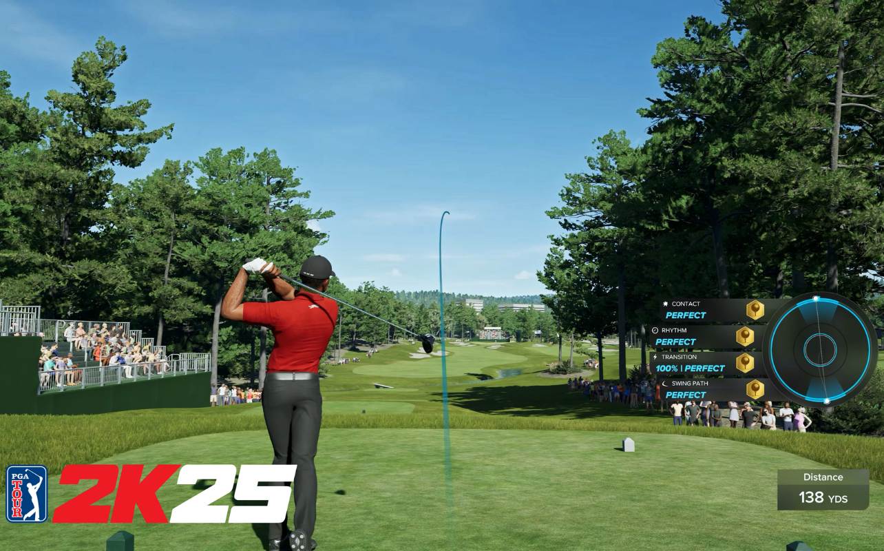 PGA Tour 2K25 player hitting a gold ball into a green lush fairway.