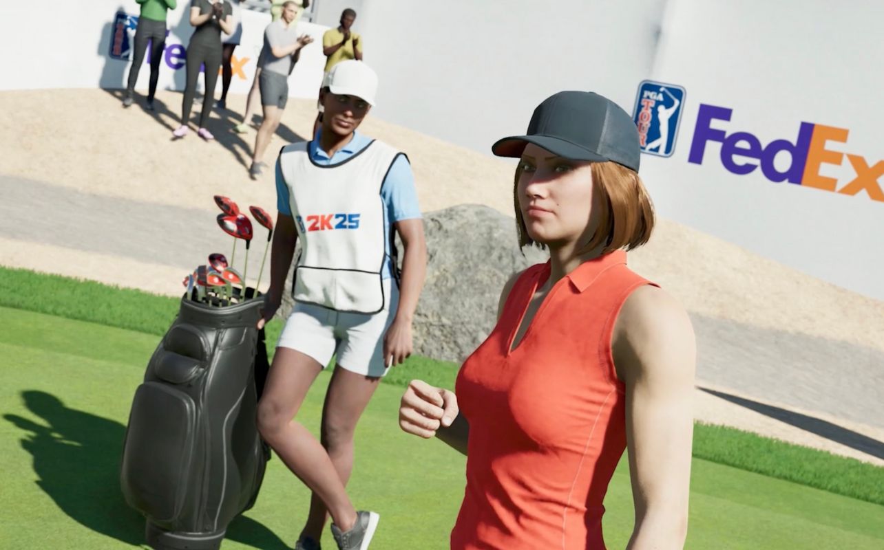 PGA Tour 2K25 a screenshot of a golfer and a caddie looking off into the distance.