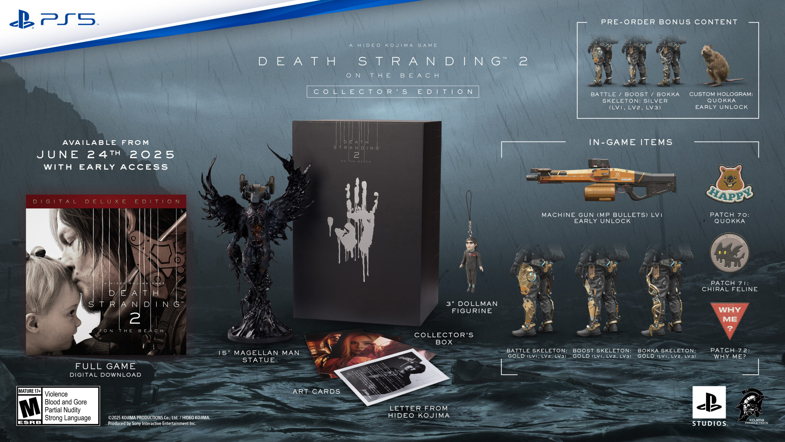 Death Stranding 2: On the Beach image of all the contents of the Collector's edition.