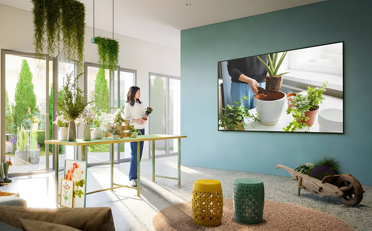 A woman standing in front of a large LG TV gardening in her home while watching an instructional video.