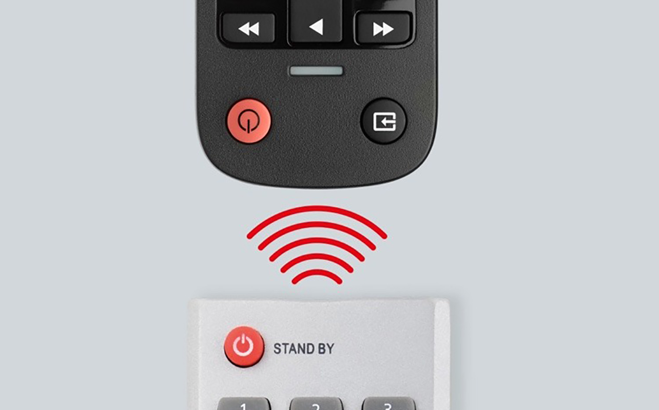 The bottom portion of a One For All universal remote and the top portion of a regular remote with a Wi-Fi symbol between them.