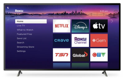 A TV showing the Roku OS home screen.