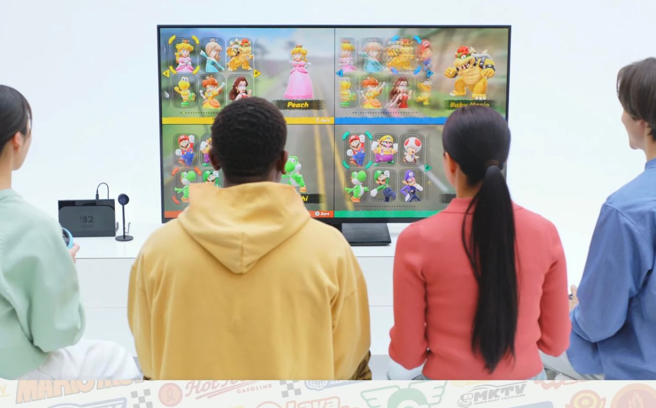 Un groupe de personnes jouant à Mario Kart World.