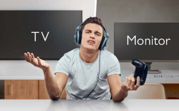 Man confused over whether to choose TV or monitor.