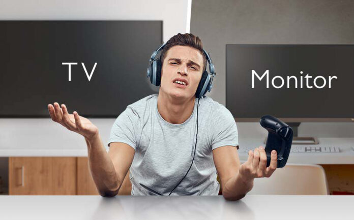 Man confused over whether to choose TV or monitor.