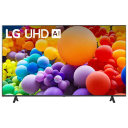 LG UHD TV with AI and balloons on screen