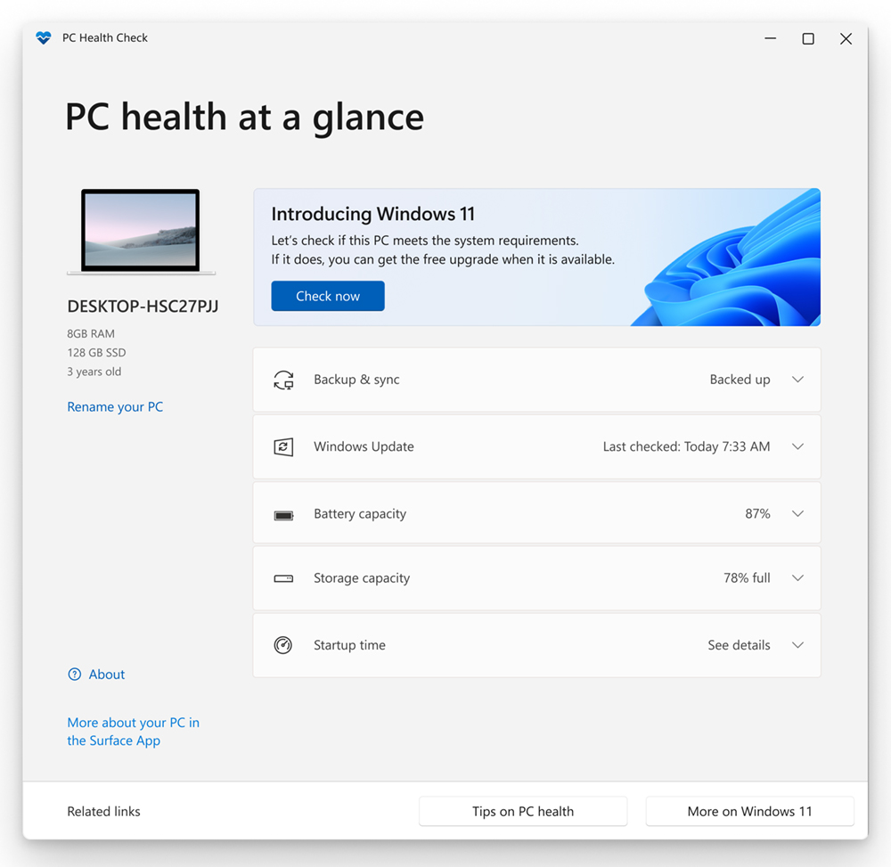 Screenshot showing PC Health Check app for Windows 11 compatibility.