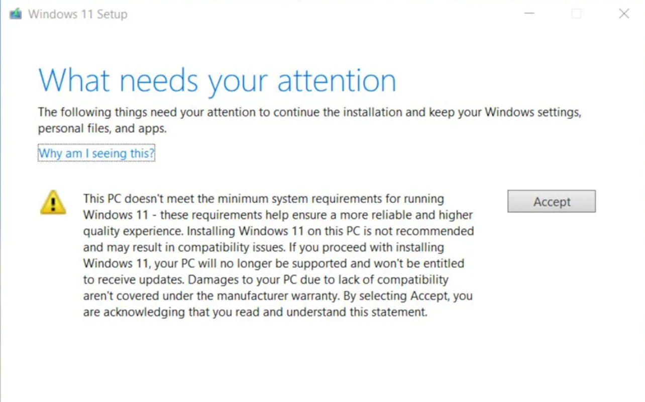 Screenshot showing Windows 10 PC not compatible to upgrade to Windows 11.
