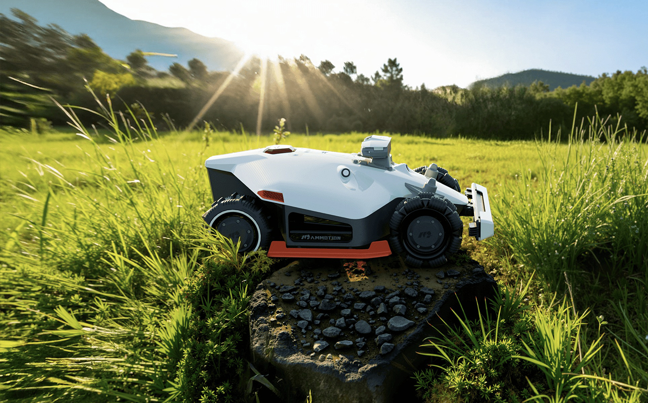 The Luba 2 robot lawnmower scaling over rocks on a lawn.