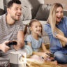 A family playing games on a Vankyo x3 projector.