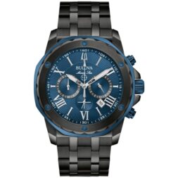fathers day watch gift: Bulova Mens Marine Star Quartz Watch 44mm Black Stainless Steel Case and Bracelet with Blue Dial (98B410)