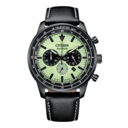 fathers day watch gift: Citizen Mens Sport Casual Eco-Drive Watch 44mm Black Stainless Steel Case Black Leather Strap with Green Dial (CA4505-21X)