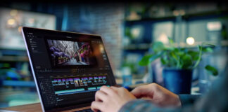 Man editing video on AI laptop.