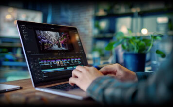 Man editing video on AI laptop.