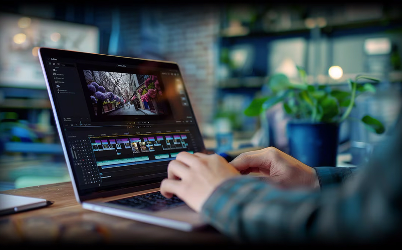 Man editing video on AI laptop.