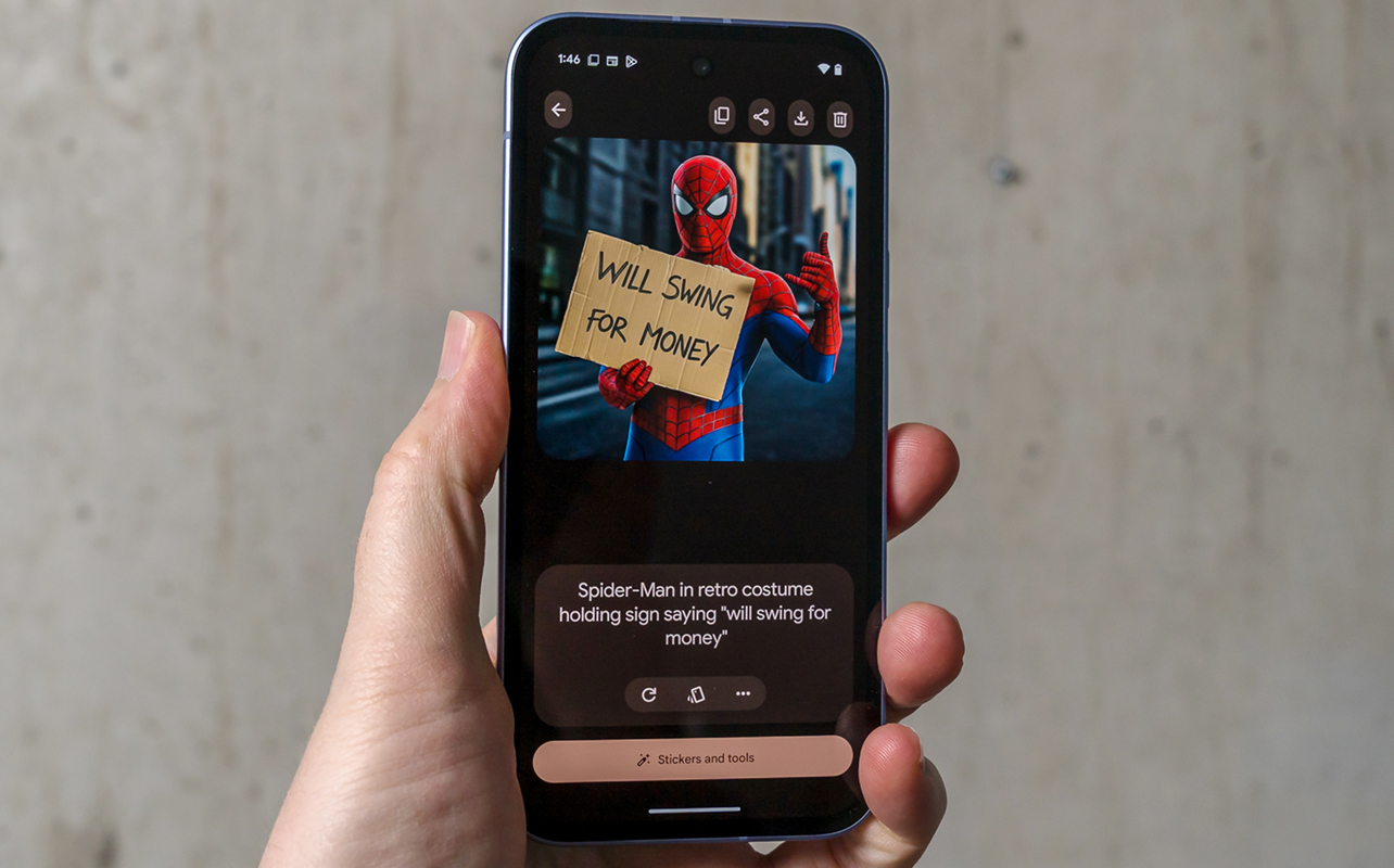 Pixel Studio app on Google Pixel 9a showing Spider-Man.