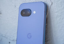 Back of Google Pixel 9a leaning on a ledge.