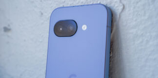 Back of Google Pixel 9a leaning on a ledge.