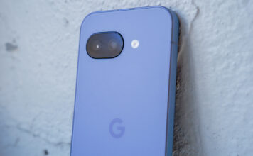 Back of Google Pixel 9a leaning on a ledge.