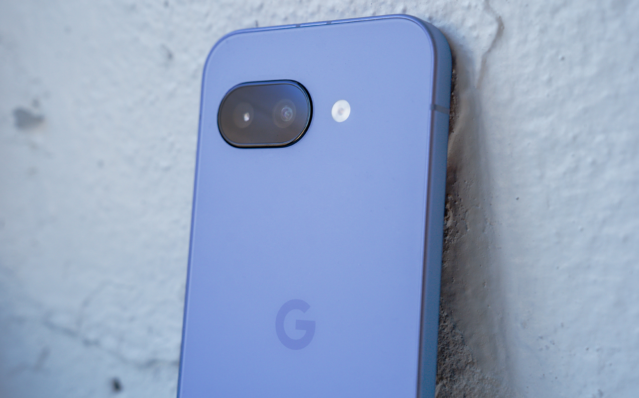 Back of Google Pixel 9a leaning on a ledge.