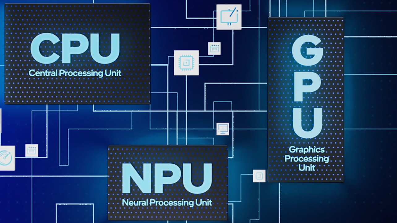 CPU, NPU, and GPU chips in a layout on a motherboard.