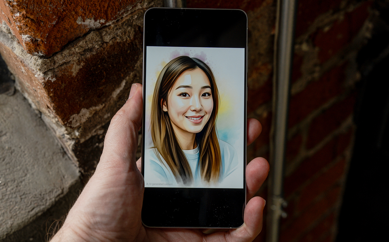 Samsung Galaxy S25 Edge showing AI photo edited portrait.