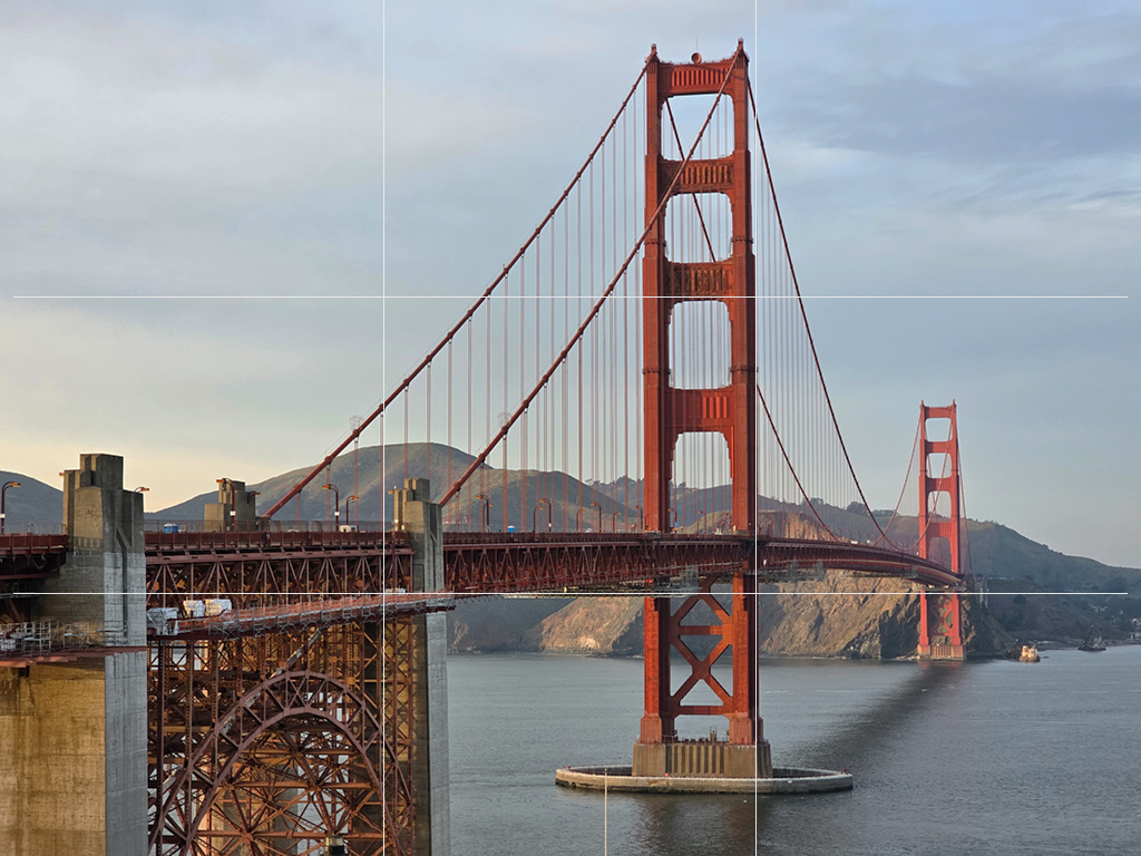 Golden Gate Bridge with rule of thirds grid layout on top.