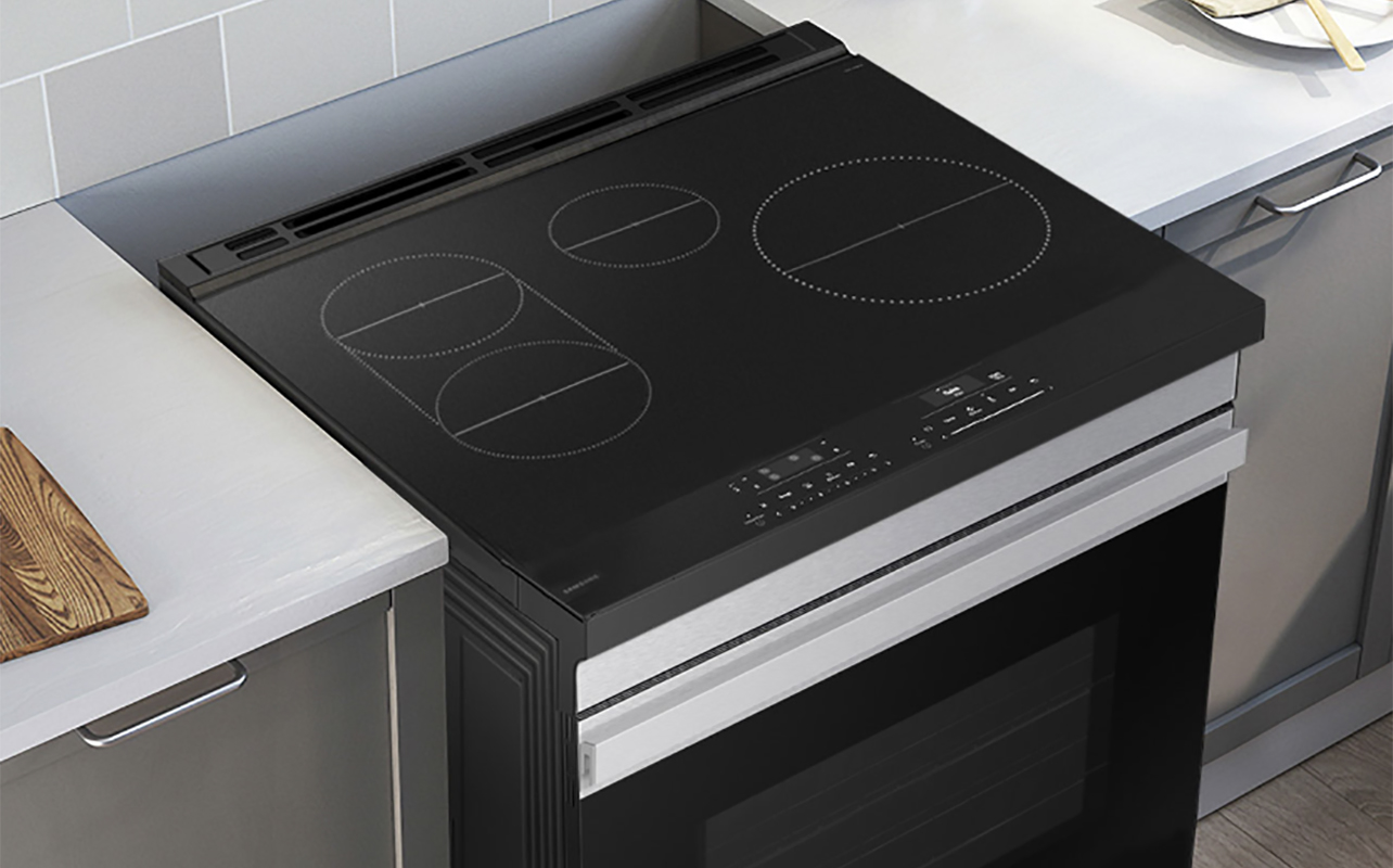 An overhead view of a Samsung Bespoke range slightly out from against the wall in a kitchen.
