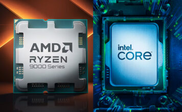 Graphic showing AMD Ryzen vs. Intel Core CPUs.