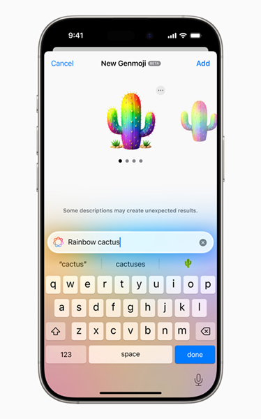 Capture d'écran Apple Intelligence Genmoji sur iPhone 16.