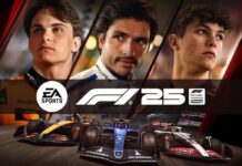 F1 25 video game banner image featuring the game logo and three drivers and three cars
