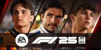 F1 25 video game banner image featuring the game logo and three drivers and three cars