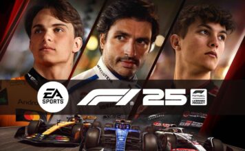 F1 25 video game banner image featuring the game logo and three drivers and three cars