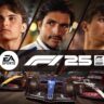 F1 25 video game banner image featuring the game logo and three drivers and three cars