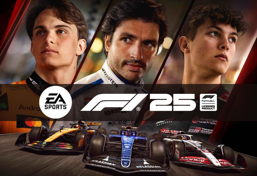 F1 25 video game banner image featuring the game logo and three drivers and three cars