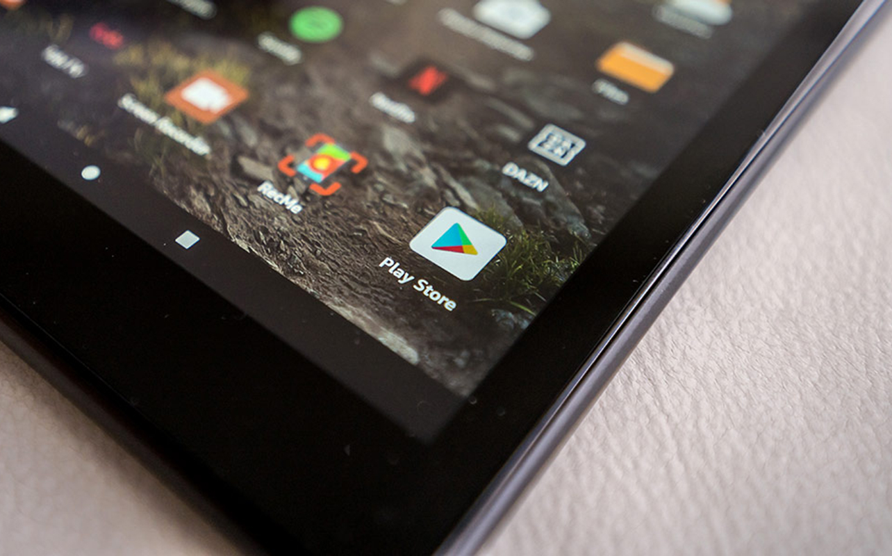 Google Play Store icon on home screen on Amazon Fire tablet.