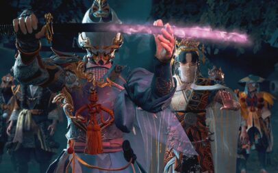 Armour-clad figures wield a glowing sword in a forest at night. The scene is mystical with intricate patterns and vibrant colours.