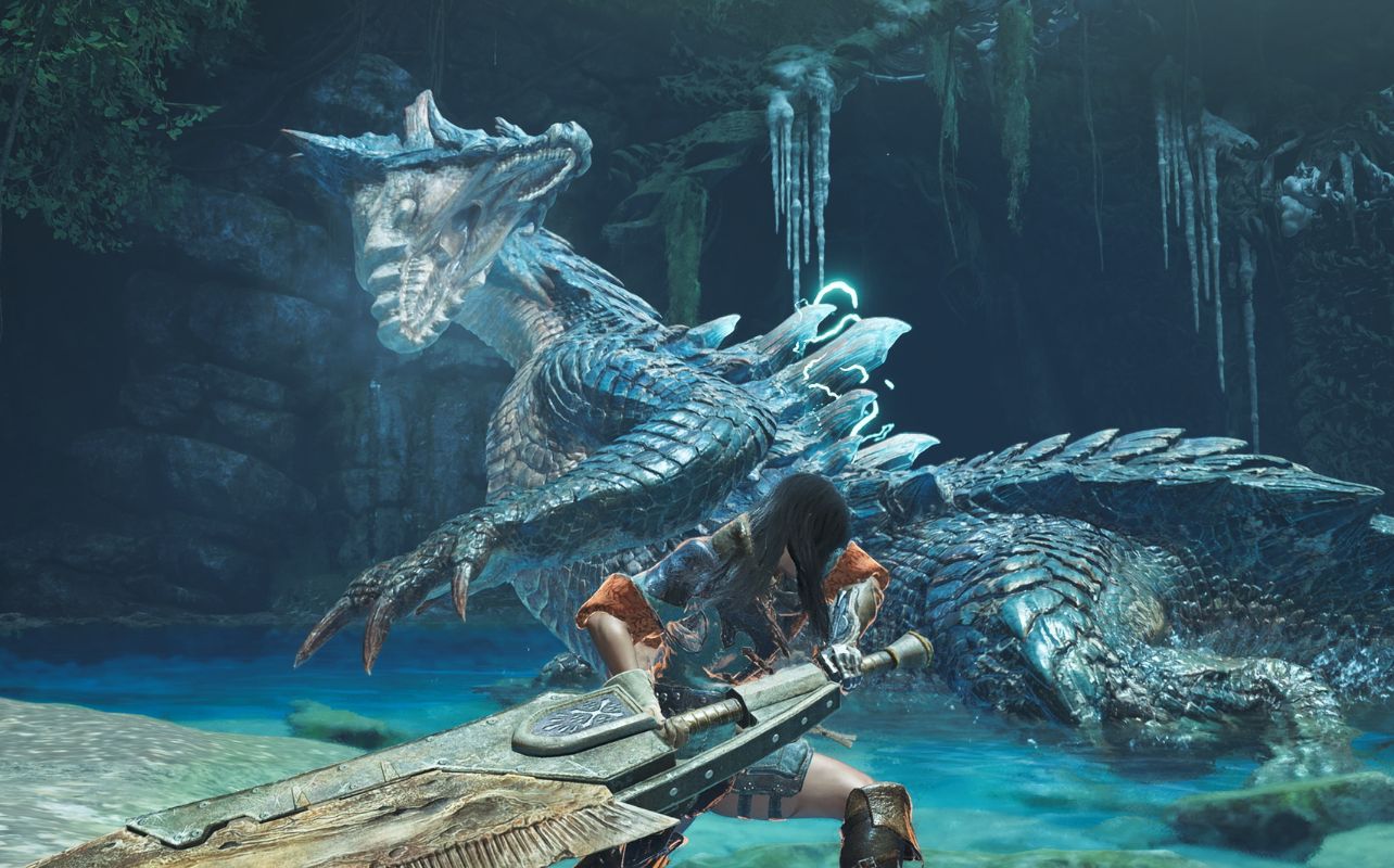 A warrior with a massive weapon faces an icy dragon in a dark, misty cave. Blue hues dominate, with icy spikes and a tense atmosphere.