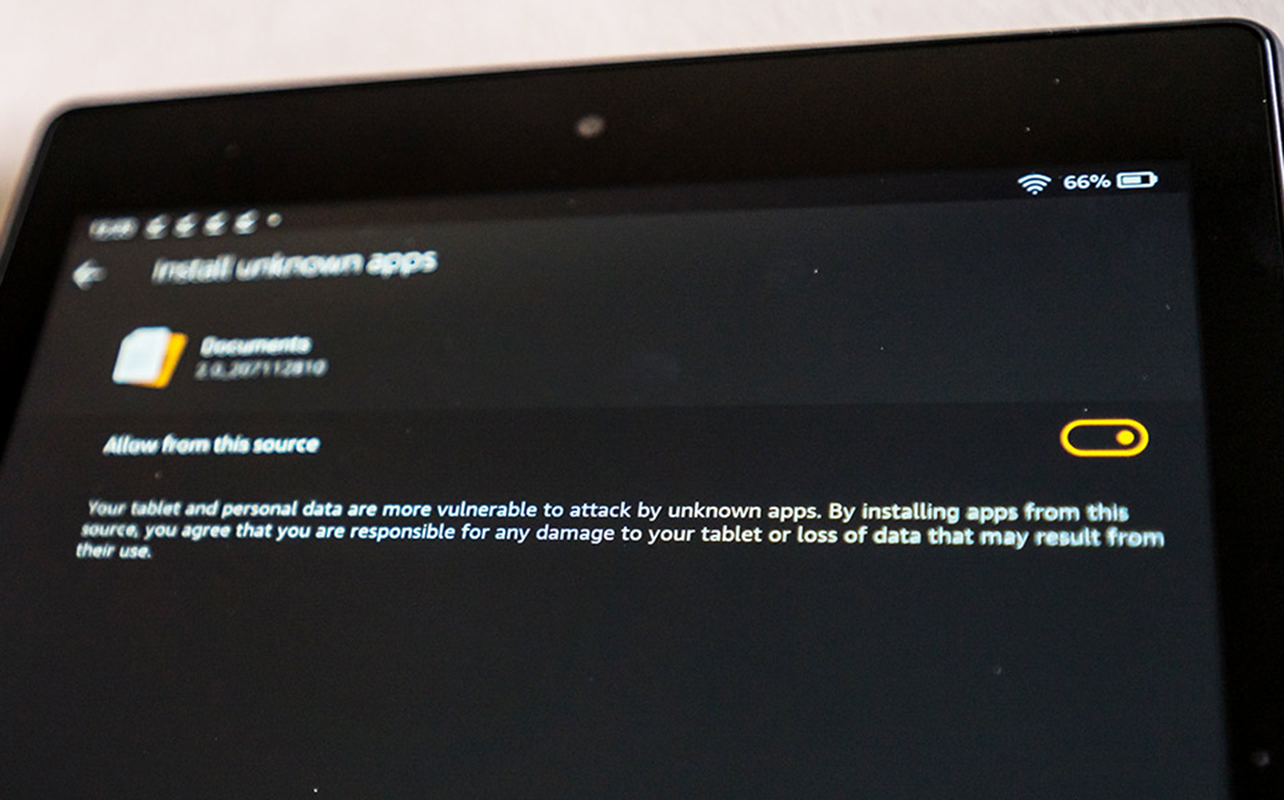 Screen on Fire tablet showing "install unknown apps".