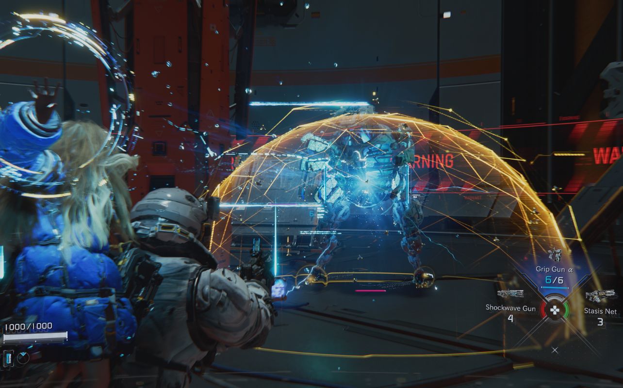 Futuristic scene with a figure in armour aiming a weapon at a robotic entity shielded by a glowing dome. “Warning” text glows red.