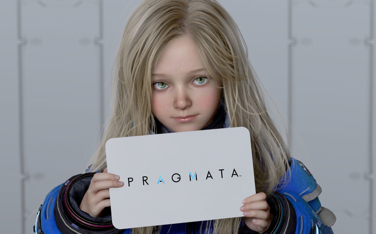 A young girl in a blue outfit holds a "PRAGMATA" sign, looking slightly upwards. Background is a soft, light grey with a gentle mood.
