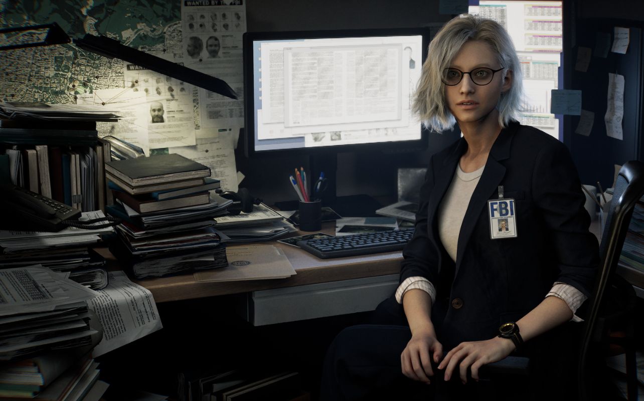 FBI agent with glasses in an office full of paperwork, sitting at a desk with computers, wanted posters, and maps on the wall, a focused look.