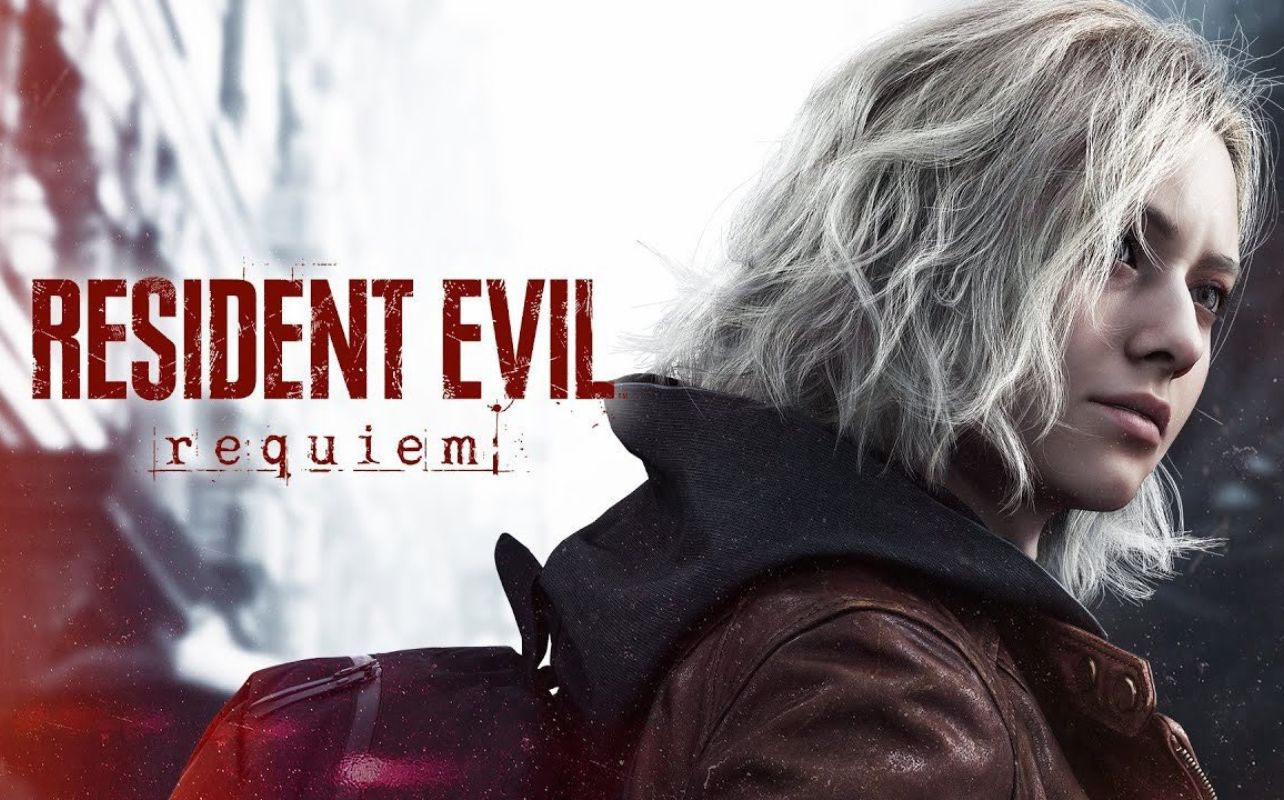 A woman with white hair gazes pensively to the right. Text reads "Resident Evil: Requiem." Moody, dark tones and blurred background.