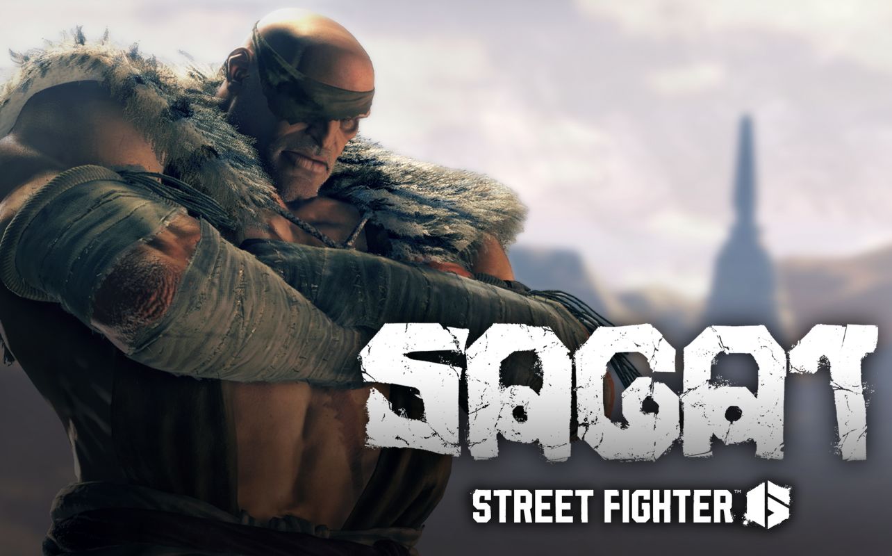 A bald, muscular character with an eyepatch and fur collar crosses arms set against a distant spire. Text: "Sagat Street Fighter." Mood: Intense.