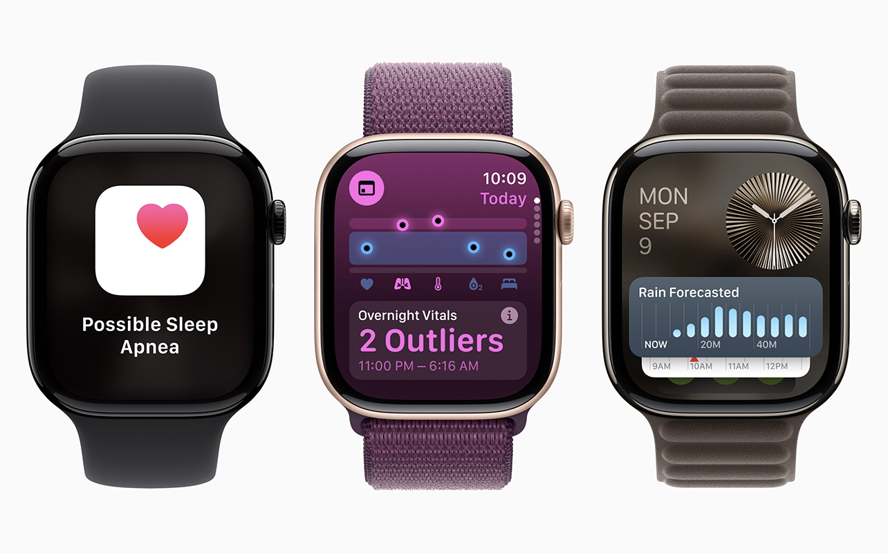 Apple watchOS 11 features showing on 3 Apple Watches side by side by side.