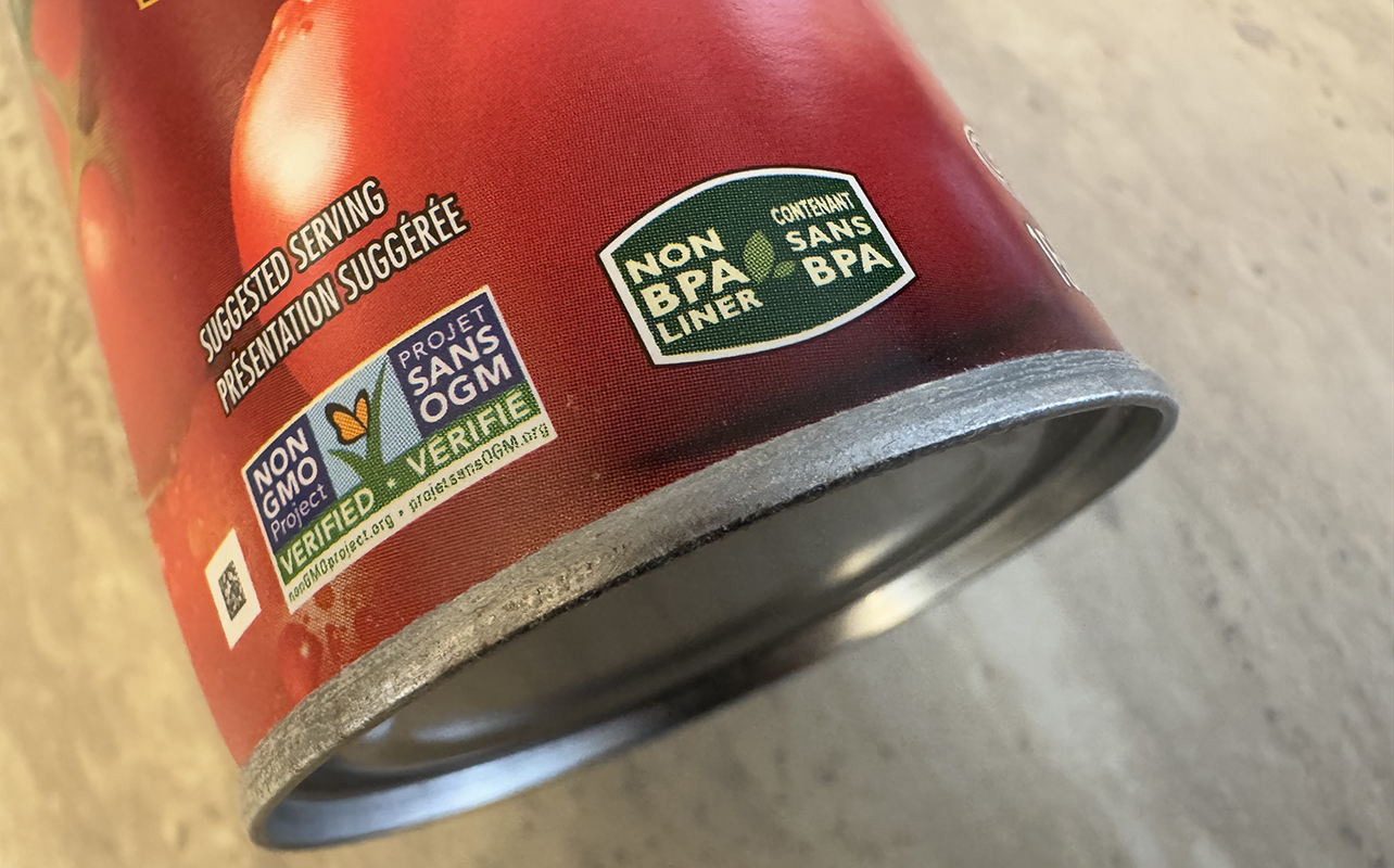 A canned good with a no BPA liner message on the bottom.