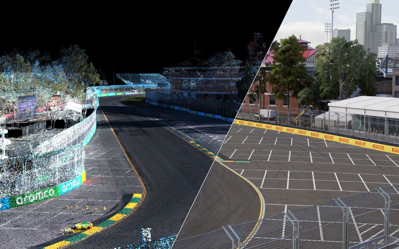 Une comparaison sur écran partagé mettant en évidence la technologie avancée de balayage LIDAR (Light Detection and Ranging) utilisée dans F1 25. À gauche, un scan LiDAR 3D d'un circuit de Formule 1 capture des millions de points de données, détaillant les changements d'élévation de la piste, la hauteur des vibreurs et l'environnement environnant. À droite, la représentation finale dans le jeu montre le haut niveau de réalisme atteint, avec des surfaces de piste précises, des emplacements de barrières précis et des détails environnementaux réalistes, tels que des espèces d'arbres et un feuillage spécifiques.
