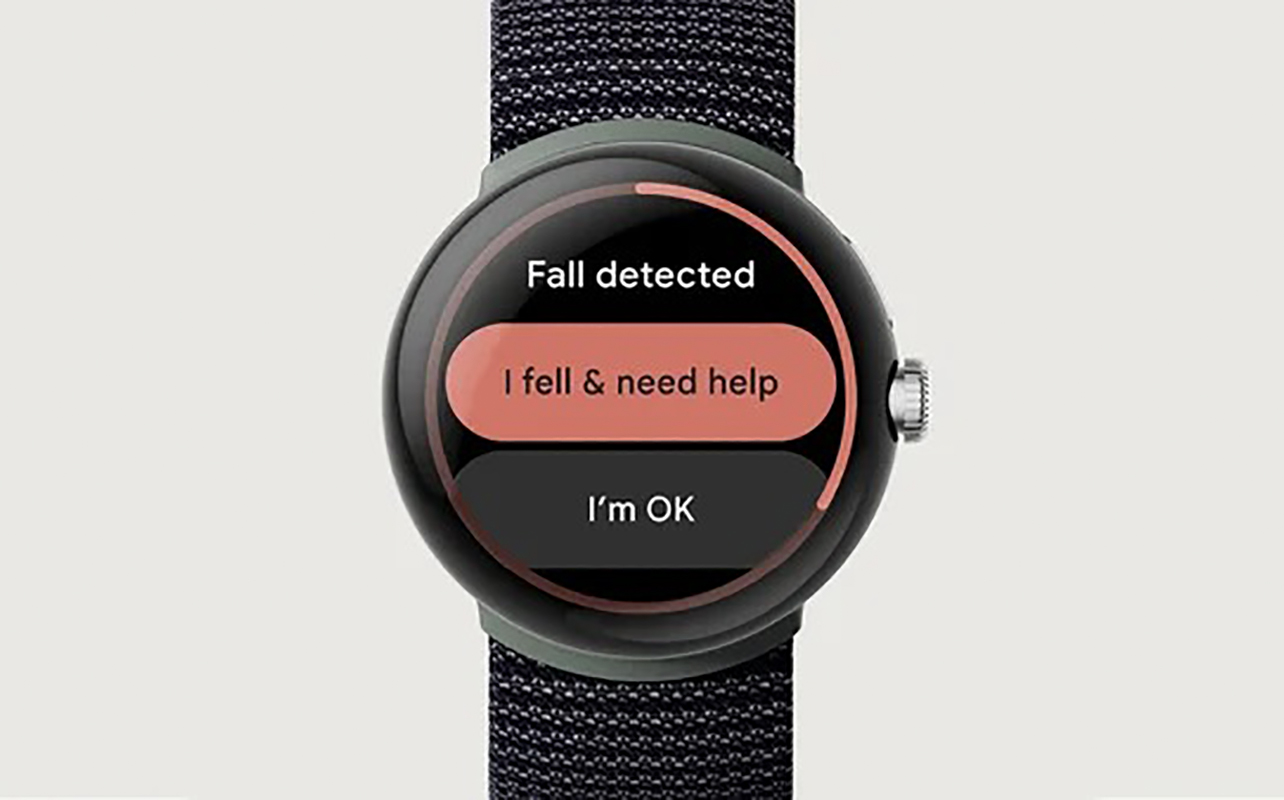 Close-up of a Google Pixel Watch showing the fall detection feature.