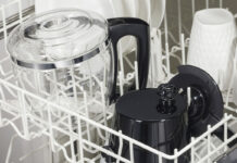 A Hamilton Beach coffee carafe in a dishwasher.