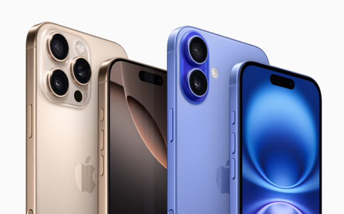 iPhone 16 and iPhone 16 Pro next to each other on white background.